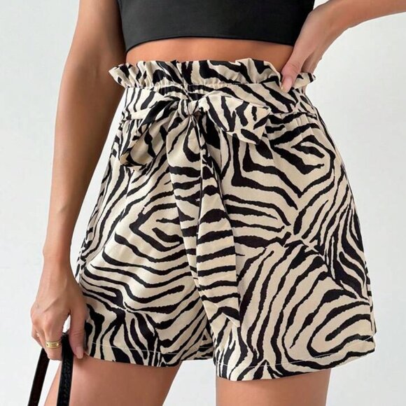 Rachel Zoe Pants - Rachel Zoe Tan Black Zebra Print Paper Bag Shorts with Tie Front Large